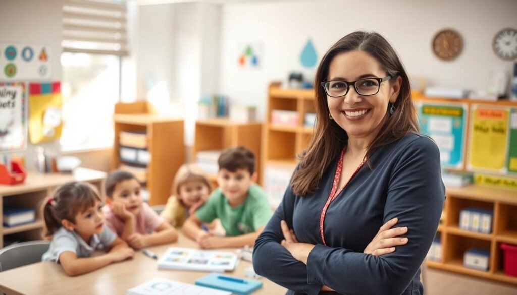 A classroom scene with a teacher standing in the foreground, engaging with a group of young students sitting around a table. The teacher's expression is warm and attentive, conveying a sense of guidance and nurturing. The students' faces are curious and eager, reflecting their active participation in the learning process. The classroom is well-lit, with natural light streaming in through large windows, creating a bright and inviting atmosphere. The background features educational posters, bookshelves, and other elements that suggest a stimulating learning environment. The overall composition emphasizes the central role of the teacher in facilitating the children's educational development.