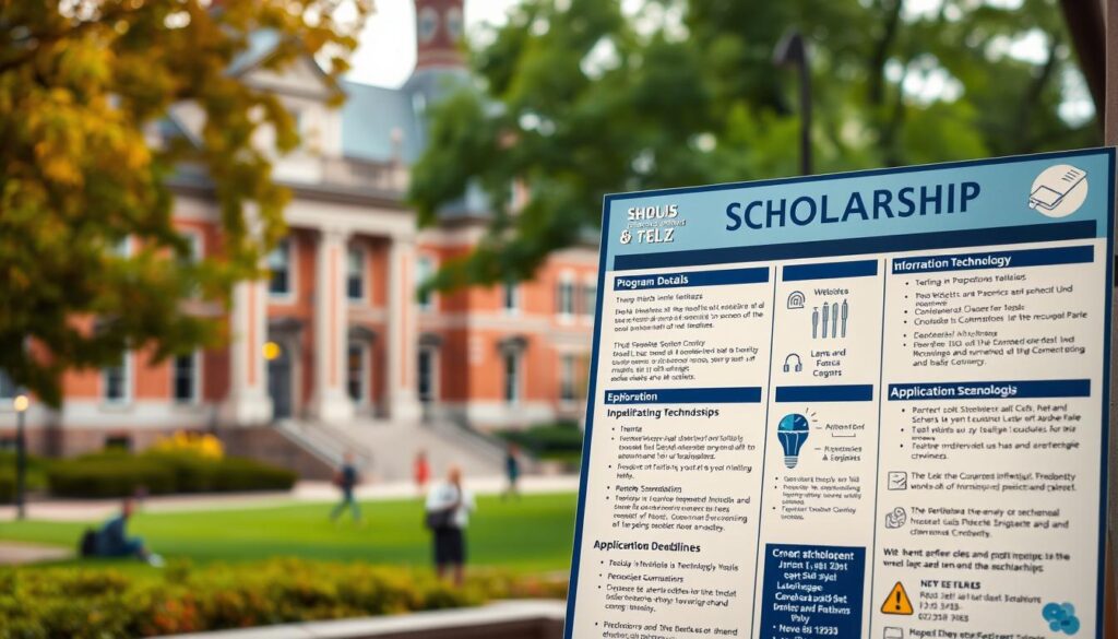 A detailed, neatly organized scholarship information board set against a warm, inviting backdrop. In the foreground, a clean layout showcases key scholarship details - program names, eligibility criteria, application deadlines, and contact information - all presented in a clear, easy-to-read manner. The middle ground features icons and illustrations related to information technology, evoking the academic and technological focus of the scholarships. The background is a softly blurred scene of a university campus, with stately buildings and lush greenery, conveying an atmosphere of education and opportunity. Subtle lighting casts a gentle glow, creating a welcoming and informative visual experience.