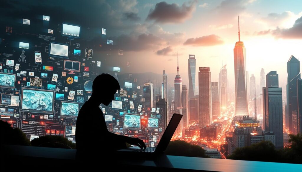 A digital and media literacy analysis set against a backdrop of a technology-infused landscape. In the foreground, a stylized human figure engrossed in a laptop, symbolizing the immersive nature of the digital world. The middle ground features a collage of digital devices, screens, and information flows, representing the pervasive influence of media. The background showcases a futuristic cityscape with towering skyscrapers and a vibrant, neon-lit atmosphere, conveying the rapid advancement of technology. Soft, warm lighting illuminates the scene, creating a contemplative and thought-provoking mood. Composition emphasizes the interconnectedness of digital literacy and media, inviting the viewer to reflect on their role and impact in the evolving digital landscape.