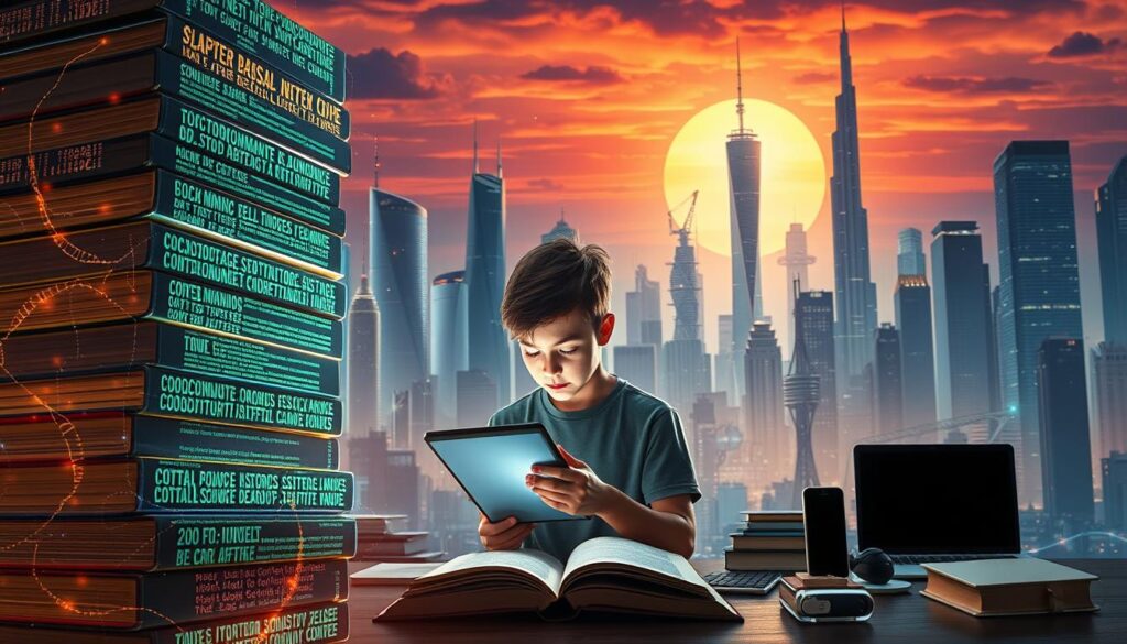 A digital transformation of literacy, a visually striking scene. In the foreground, a towering stack of books, their spines aglow with a luminous digital interface. Cascading lines of data and code intertwine, creating a mesmerizing tapestry. In the middle ground, a young person, engrossed in a tablet, their face illuminated by the screen's soft glow. Surrounding them, an array of modern digital devices - smartphones, laptops, and virtual reality headsets - symbolizing the seamless integration of technology and the written word. The background is a vibrant, futuristic cityscape, skyscrapers and towers reaching towards a sky ablaze with the colors of a digital dawn. The scene conveys a sense of progress, innovation, and the transformative power of digital literacy in the lives of Generation Z.