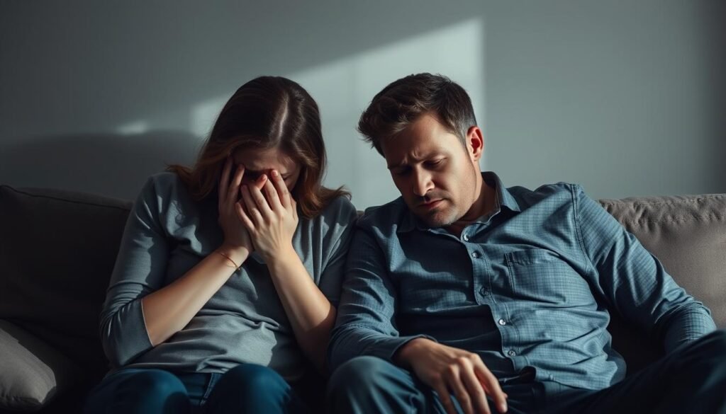 A married couple sitting on a couch, their faces reflecting deep emotional turmoil. The wife's head is in her hands, her body language conveying stress and distress. The husband sits beside her, his expression pained and concerned. Soft, muted lighting casts shadows across the scene, creating an atmosphere of heaviness and unease. The background is blurred, focusing the viewer's attention on the intimate, vulnerable moment between the two individuals. The composition and lighting evoke a sense of the mental and emotional strain that can arise within a marriage, reflecting the damaging impact on mental health.