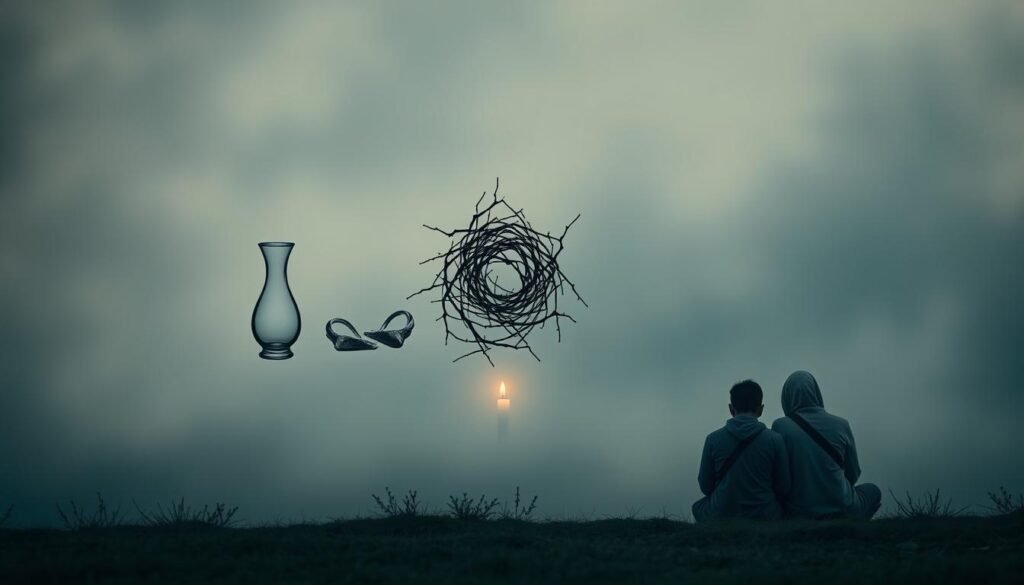 A serene, thoughtful scene depicting the causes of marital breakdown in Islamic teachings. In the foreground, a couple sits solemnly, their body language conveying the strain and disconnect between them. The middle ground features symbolic visual metaphors - a broken vase, a tangled web of thorns, a dimming candle flame - representing the common factors that contribute to divorce, such as lack of communication, unresolved conflicts, and diminishing love. The background is hazy, shrouded in a somber, muted color palette, creating a contemplative atmosphere. Soft, diffused lighting casts a pensive glow, inviting the viewer to reflect on the lessons that can be learned from the ending of a marriage within the Islamic faith.