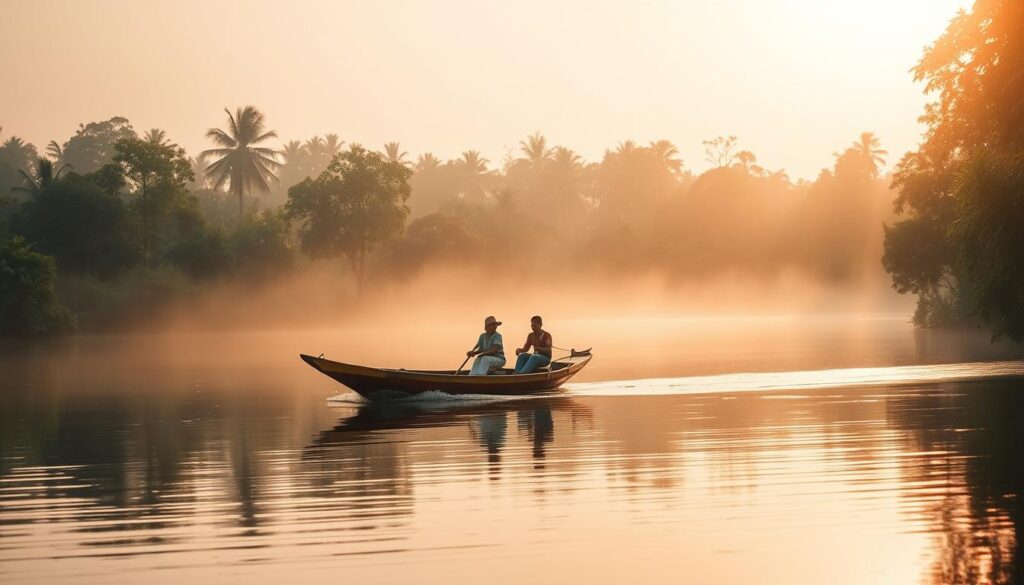 A tranquil scene of a traditional "jalur" boat gracefully gliding across a serene lake. The boat's sleek wooden frame is skillfully balanced, with its occupants maintaining perfect equilibrium as they navigate the calm waters. Soft natural light filters through the surrounding lush foliage, casting a warm, golden glow over the tableau. The boat's vibrant red and yellow hues stand out in contrast to the muted tones of the environment, creating a visually striking and harmonious composition. The overall atmosphere evokes a sense of peaceful contemplation, reflecting the art of "aura farming" through the tranquil interplay of natural elements.