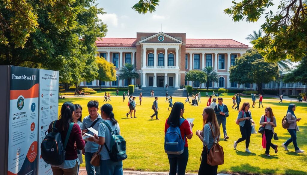 A vibrant scene of a university campus on a sunny day. In the foreground, a group of students gather around a display booth, examining brochures and talking animatedly about a scholarship program. The booth features the logo and name "Program Beasiswa IT" prominently. In the middle ground, other students walk across the well-manicured lawn, some carrying laptops or backpacks. In the background, the distinctive architecture of the university's main building stands tall, its imposing facade bathed in warm, golden light. The atmosphere is one of excitement and opportunity, capturing the spirit of the "Beasiswa Mahasiswa Teknologi Informasi: Program dan Peluang" section.