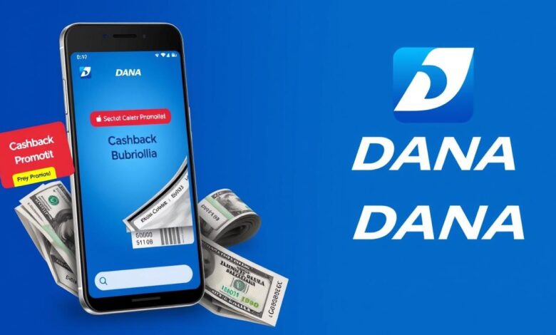 Ilustrasi Promo Cashback DANA dengan tampilan aplikasi dan logo DANA