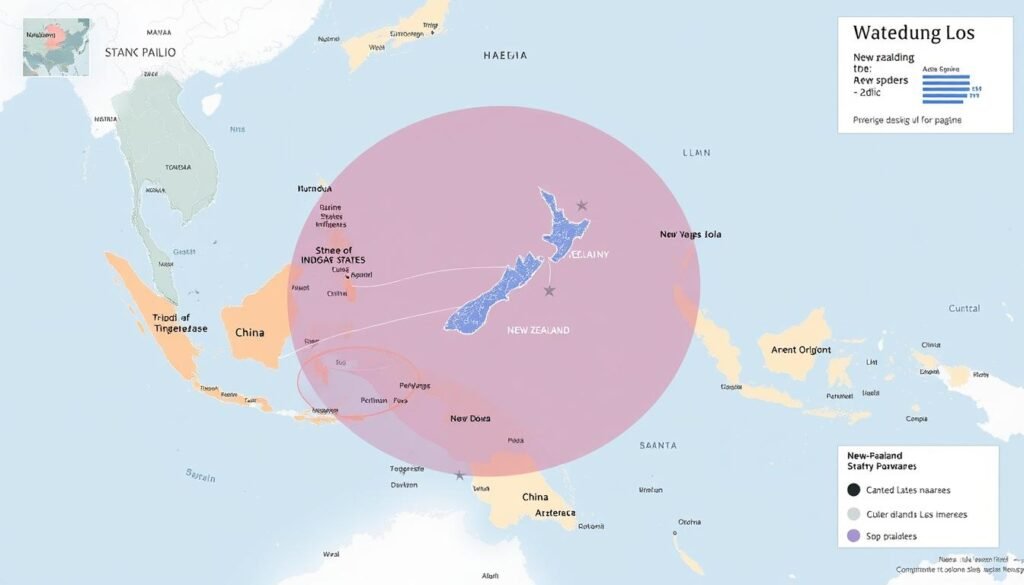 Peta geopolitik kawasan Indo-Pasifik yang menunjukkan posisi Selandia Baru