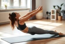 Wanita melakukan latihan core dengan teknik Pilates di rumah