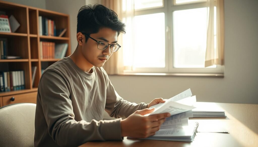 A college student sits at a desk, intently studying insurance documents and policies. Soft natural lighting filters through a nearby window, casting a warm glow on the scene. In the background, a bookshelf filled with textbooks and a calendar serve as a subtle reminder of the academic environment. The student's expression conveys a mix of focus and contemplation, reflecting the importance of understanding insurance coverage for their financial well-being. The overall atmosphere evokes a sense of diligence and responsibility, aligning with the subject of "Memahami Asuransi" (Understanding Insurance) within the broader context of "Tips Cara Mengatur Keuangan Pribadi Mahasiswa" (Personal Finance Tips for Students).