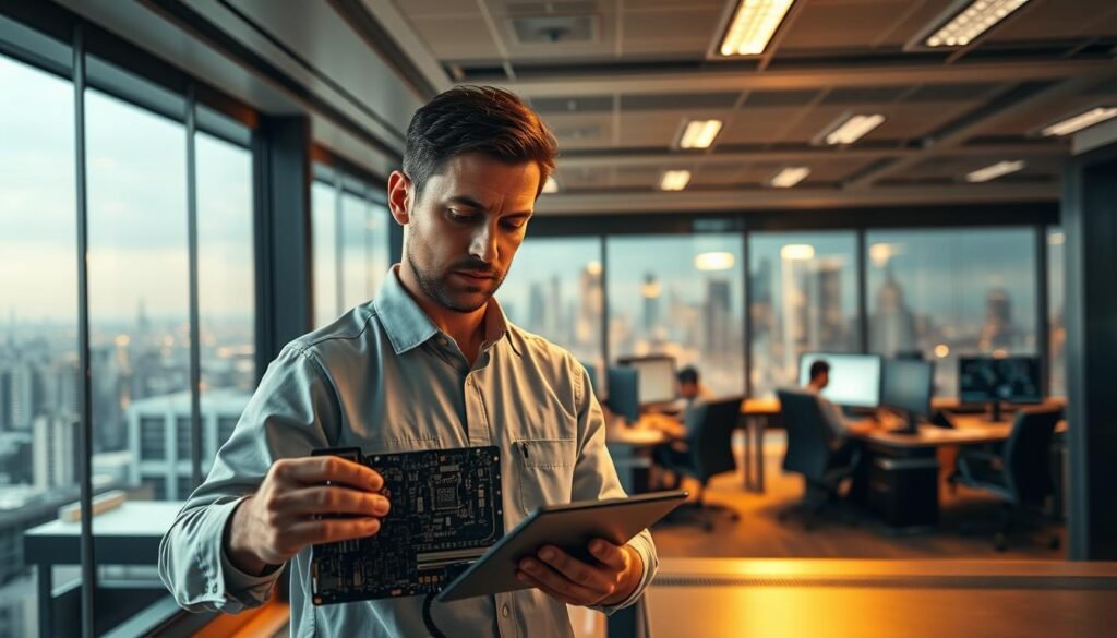 A computer engineer standing in a sleek, modern office, examining a complex circuit board with a thoughtful expression. The foreground is bathed in warm, focused lighting, casting shadows that accentuate the intricate components. In the middle ground, a team of technicians collaborate at workstations, utilizing state-of-the-art equipment and software. The background features a panoramic view of a bustling city skyline, symbolizing the integration of technology into the urban landscape. The overall atmosphere conveys a sense of productive innovation and efficient, streamlined implementation of IT solutions.