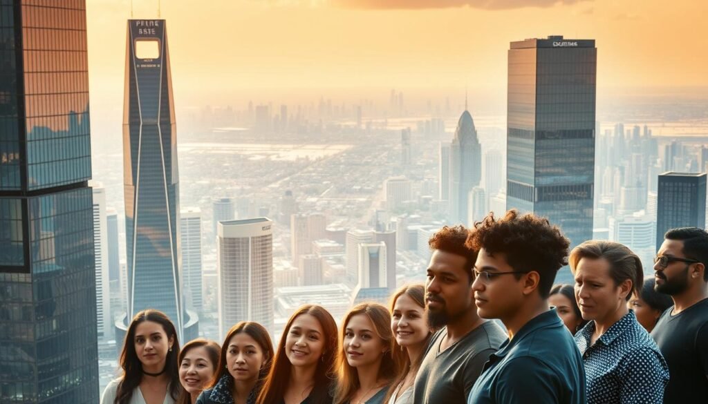 A future-forward vision of liberalism, set against a backdrop of a vibrant, technologically-advanced cityscape. In the foreground, a diverse group of individuals stands united, their faces radiating hope and determination. The mid-ground features towering skyscrapers, their sleek glass facades gleaming in the warm, diffused lighting. In the distance, a sprawling metropolis stretches out, its skyline punctuated by bold, innovative architectural designs. The overall atmosphere conveys a sense of progress, collaboration, and a belief in the power of individual freedoms to shape a brighter tomorrow.