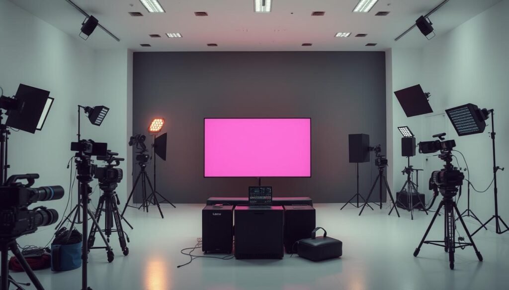 A professional, high-quality video production set with a sleek, modern aesthetic. A large video screen takes center stage, displaying a vibrant, color-accurate image. Surrounding the screen are premium production equipment including high-end cameras, lighting fixtures, and audio gear, all arranged in a clean, organized manner. The overall scene conveys a sense of professionalism, technical expertise, and a commitment to creating content of the highest caliber. The lighting is soft and even, creating a pleasant, balanced atmosphere. The camera angle is slightly elevated, giving a sense of authority and quality to the video being produced.