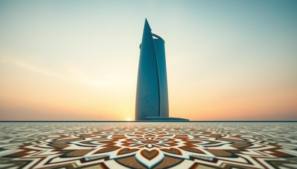 A serene and tranquil scene depicting the principles of Islamic finance. In the foreground, a stylized Islamic geometric pattern forms the basis, hinting at the intricate and principled nature of Sharia-compliant banking. The middle ground features a modern glass and steel skyscraper, symbolizing the integration of traditional values with contemporary financial systems. The background showcases a brilliant sunset sky, evoking a sense of harmony and spiritual enlightenment. The lighting is soft and diffused, creating a calming and contemplative atmosphere. Shot with a wide-angle lens to capture the breadth of the scene, this image aims to visually encapsulate the essence of Sharia-based financial management.