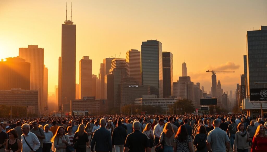 A serene urban landscape, bathed in the warm glow of a setting sun. In the foreground, a diverse group of people navigate the bustling city streets, each absorbed in their own pursuits - some hurry to and fro, others linger and converse. The midground reveals towering skyscrapers, their glass facades reflecting the fading daylight, a symbol of the economic growth and prosperity that liberalism has brought. Yet, in the distance, a haze of uncertainty and social unrest hangs over the horizon, hinting at the complex societal impacts of unchecked individualism. The scene conveys a sense of both progress and discord, a visual representation of the multifaceted nature of liberalism's influence on modern society.