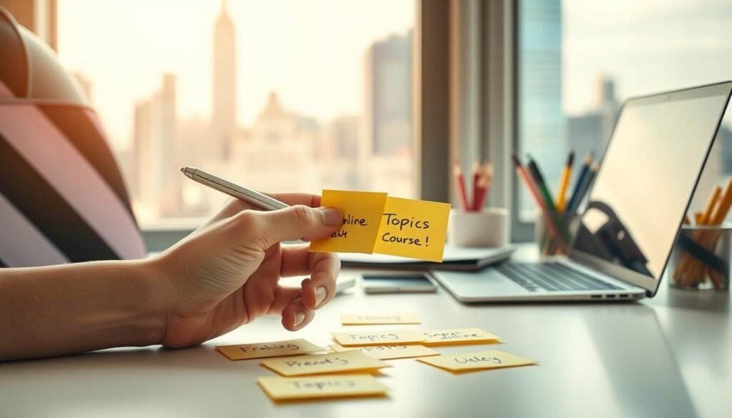 A well-lit, clean workspace with a desk, laptop, and office supplies. On the desk, a hand holds a pen and contemplates various topic ideas written on sticky notes. The background is a soft, blurred image of a bustling city skyline, hinting at the potential for online opportunities. The lighting is warm and natural, creating a thoughtful, focused atmosphere. The composition emphasizes the decision-making process, with the hand and sticky notes as the focal point, surrounded by the tools and environment necessary for researching and selecting a profitable online course topic.