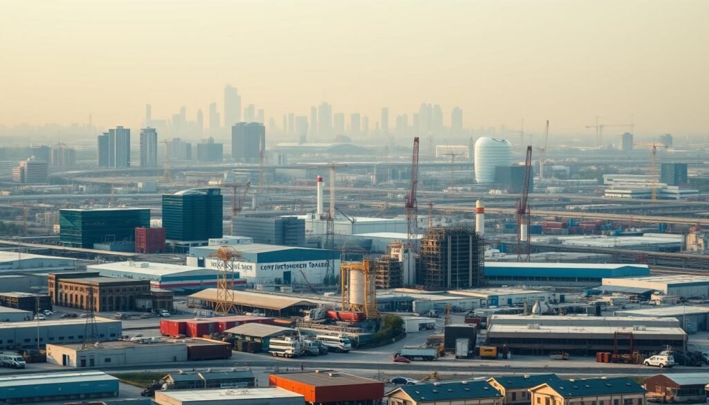 An industrial cityscape with a diverse range of businesses and services, captured in a wide-angle, cinematic view. The foreground features various commercial buildings, warehouses, and transportation hubs, reflecting the thriving industries that make up the IT consulting ecosystem. The middle ground showcases a mix of high-rise offices, research facilities, and data centers, symbolizing the technological backbone of the sector. In the background, a hazy skyline with towering skyscrapers and a network of roads and railways conveys the scale and complexity of the industry. Warm, golden lighting accentuates the dynamism and productivity of the scene, while a slightly muted color palette lends an air of professionalism and reliability.