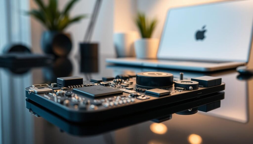 A close-up of Apple hardware architecture, showcasing sleek, modern components such as the A-series chip, camera module, and circuit board intricacies, meticulously arranged on a reflective black surface. The foreground features the components in sharp focus, with a softly blurred background of an elegant workspace setting adorned with relevant tech elements like an iPhone and MacBook, subtly implying compatibility with iOS. The lighting is ambient with a soft glow highlighting the metallic finishes, creating a professional and sophisticated atmosphere. The image captures the essence of innovation and precision in Apple's technology, ideal for illustrating concepts in smartphone camera hardware.