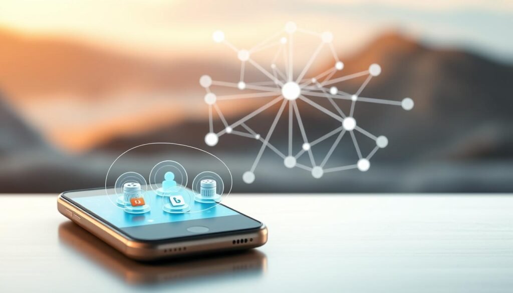 A detailed, highly realistic illustration showcasing the concept of "DNS per aplikasi" on an Android device. The foreground depicts a modern smartphone with a clear, crisp display, highlighting a series of app icons. Each icon is surrounded by a subtle, glowing aura, indicating the individual DNS settings for each app. The middle ground features a stylized, three-dimensional network diagram, with interconnected nodes and lines representing the complex web of DNS servers and protocols. The background is a softly blurred, minimalist landscape, conveying a sense of technological sophistication and security. The overall mood is one of precision, control, and the power of customized network configurations. The lighting is natural and warm, creating a sense of depth and dimensionality. A detailed, highly realistic illustration showcasing the concept of "DNS per aplikasi" on an Android device. The foreground depicts a modern smartphone with a clear, crisp display, highlighting a series of app icons. Each icon is surrounded by a subtle, glowing aura, indicating the individual DNS settings for each app. The middle ground features a stylized, three-dimensional network diagram, with interconnected nodes and lines representing the complex web of DNS servers and protocols. The background is a softly blurred, minimalist landscape, conveying a sense of technological sophistication and security. The overall mood is one of precision, control, and the power of customized network configurations. The lighting is natural and warm, creating a sense of depth and dimensionality.