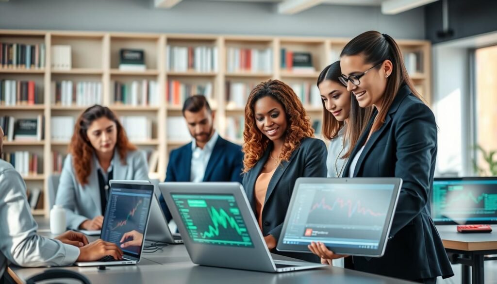 A modern, professional training environment showcasing a diverse group of individuals engaged in digital skills development. In the foreground, a mixed-gender group of four professionals, dressed in smart business attire, attentively discussing a digital project on laptops. In the middle ground, several training stations with digital screens displaying graphs and coding interfaces. The background features blurred shelves with books on technology and innovation, creating an atmosphere of learning and collaboration. Bright, natural lighting floods the space, casting soft shadows, emphasizing a hopeful and energetic mood. The image is captured from a slightly elevated angle, providing a comprehensive view of the training atmosphere.