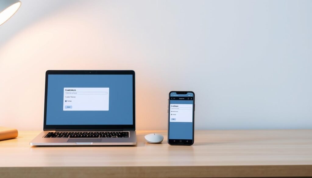 A neatly organized office desk, with a laptop computer and a smartphone placed side by side, their screens displaying an intuitive "Create Macro" interface. The desk is bathed in warm, indirect lighting, casting a soft, productive glow. In the background, a minimalist white wall serves as a clean, uncluttered backdrop, allowing the foreground elements to take center stage. The overall scene conveys a sense of efficiency and streamlined automation, perfectly capturing the essence of the "Panduan langkah demi langkah membuat macro automate android" section.