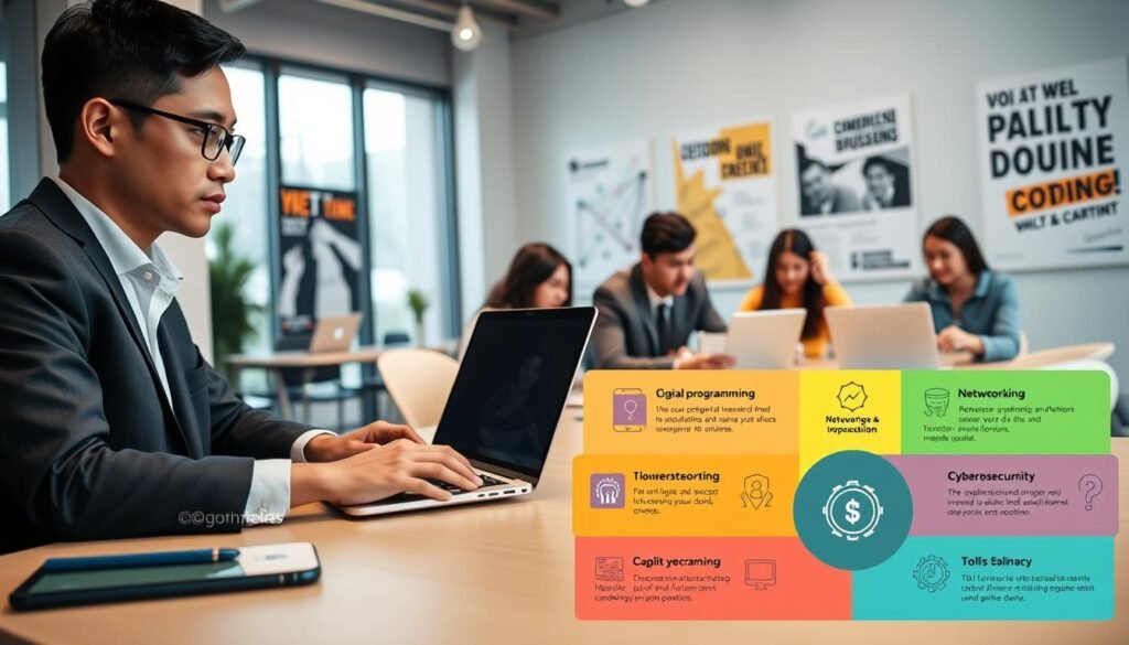 A professional Indonesian man in business attire, seated at a modern desk with a laptop open, focused on coding and digital development. In the foreground, a colorful infographic illustrating the benefits of digital talent programs, showcasing skills like programming, networking, and cybersecurity. In the middle ground, a group of diverse young adults collaborating over digital devices, brainstorming with energy and enthusiasm. The background features a bright and contemporary office space with motivational posters about technology and innovation. Soft natural light filters through large windows, creating a warm and inspiring atmosphere. Capture the mood of professionalism, growth, and teamwork, emphasizing the value of digital education and collaboration for young talent.