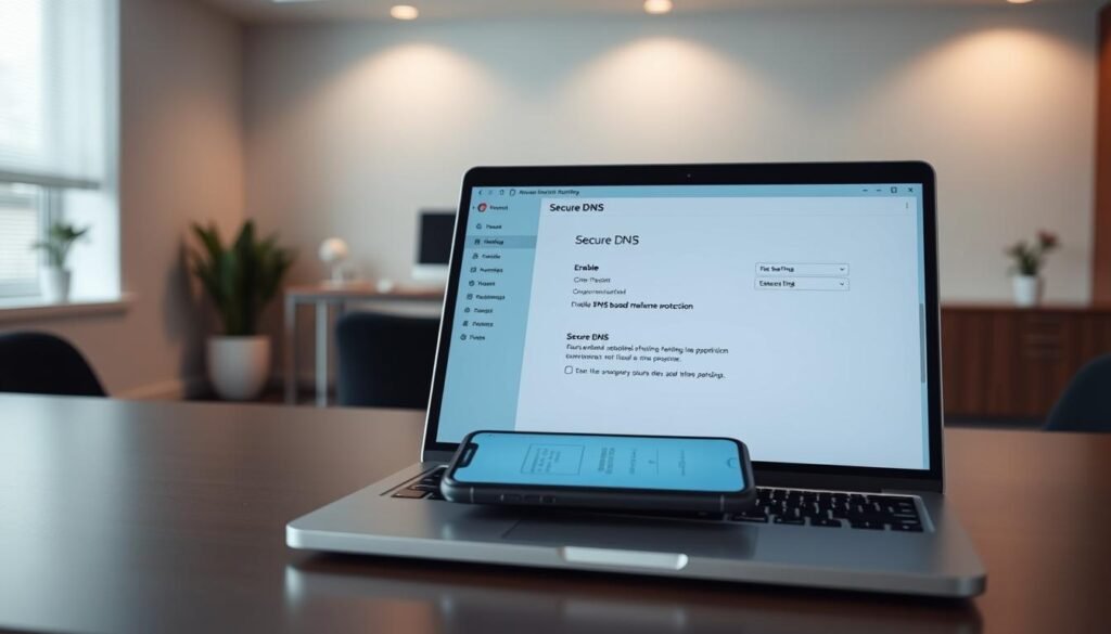 A secure DNS configuration for banking applications, showcased on a sleek desktop setup. In the foreground, a laptop screen displays a secure DNS settings panel, with options to enable DNS-based malware protection and set a trusted DNS resolver. In the middle ground, a smartphone rests, its screen mirroring the laptop's secure DNS interface. The background features a minimalist office space, with clean lines, subtle lighting, and a sense of professionalism and attention to cybersecurity. The overall scene conveys a balanced, efficient, and secure workflow for banking transactions, with an emphasis on privacy and protection against online threats. A secure DNS configuration for banking applications, showcased on a sleek desktop setup. In the foreground, a laptop screen displays a secure DNS settings panel, with options to enable DNS-based malware protection and set a trusted DNS resolver. In the middle ground, a smartphone rests, its screen mirroring the laptop's secure DNS interface. The background features a minimalist office space, with clean lines, subtle lighting, and a sense of professionalism and attention to cybersecurity. The overall scene conveys a balanced, efficient, and secure workflow for banking transactions, with an emphasis on privacy and protection against online threats.