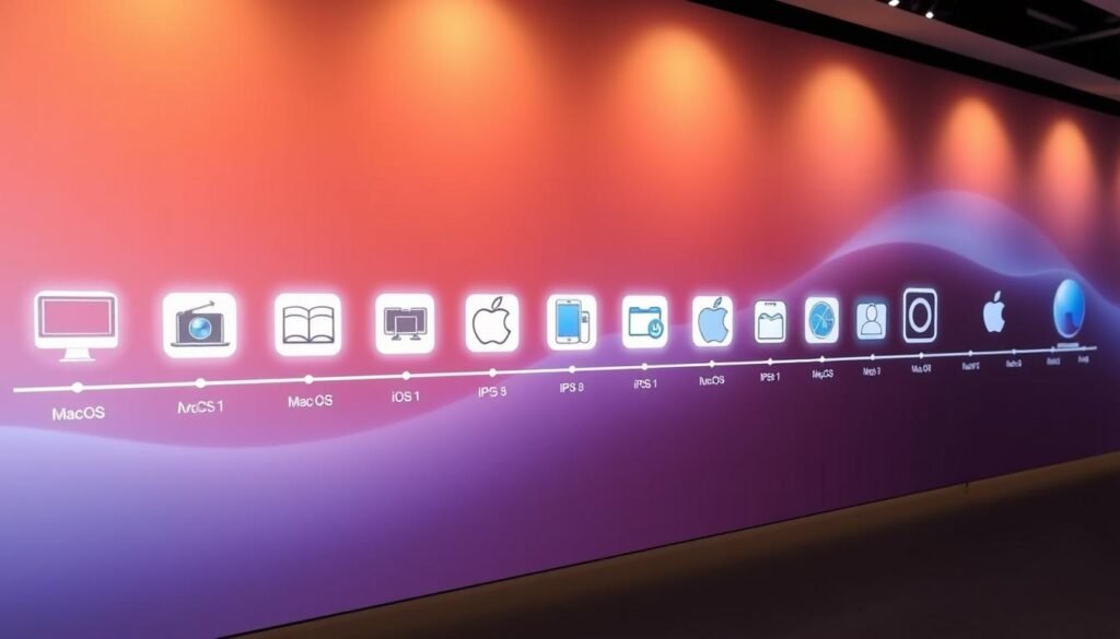 A visually striking timeline showcasing the evolution of Apple's operating systems, featuring key milestones such as the original Mac OS, iOS 1, and the latest macOS versions. In the foreground, clear icons representing each OS version, designed in a sleek, modern style. The middle layer presents soft, glowing connections between the icons, with subtle animations hinting at advancements in technology. The background displays a gradient representing the transition from vintage to modern aesthetics, with ambient lighting casting a warm, inviting glow. The overall mood is one of innovation and nostalgia, celebrating the legacy of Apple in a professional, sleek gallery setting. No text, captions, or additional elements are included, keeping the focus solely on the visual progression.