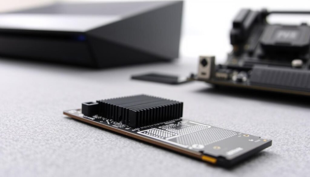 A close-up view of an M.2 NVMe SSD, showcasing its sleek, metallic design with intricate circuit patterns and cooling fins. The SSD sits on a textured, modern surface, emphasizing its advanced technology. In the background, slightly out of focus, a gaming console and a computer motherboard, hinting at their compatibility with the SSD. Soft, diffused lighting highlights the details of the SSD, creating a high-tech atmosphere. The angle captures the SSD from a slightly elevated perspective, drawing attention to its connectors. The overall mood is innovative and professional, suitable for a tech-focused environment. No text or watermarks are present, allowing the image to stand alone.