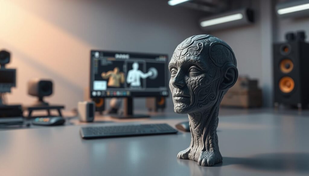 A detailed 3D model of a physical object created using LiDAR technology, displayed prominently in the foreground. The object appears as a futuristic game character, showcasing intricate textures and details that highlight the capabilities of LiDAR scanning. In the middle background, a digital workspace environment is visible, complete with a large computer screen displaying the LiDAR scanning process and graphical representations of the model. Soft, ambient lighting casts gentle shadows, creating a dynamic yet serene atmosphere. The scene is captured from a slightly elevated angle, emphasizing the 3D model while providing a glimpse into the advanced tools available for game development. The overall mood is creative and innovative, ideal for inspiring game developers and content creators.