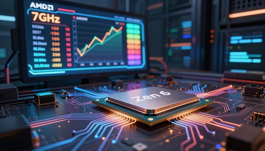 A detailed and dynamic analysis of AMD Zen 6 performance, focusing on clock speeds and target GHz. In the foreground, feature a sleek, modern CPU chip labeled "Zen 6," surrounded by intricate circuit designs and glowing lines representing data flow. In the middle ground, incorporate a high-tech digital display showing clock speed metrics, with bright, vibrant colors conveying the excitement of reaching up to 7GHz. The background should include a futuristic data center with ambient lighting, emphasizing a cutting-edge technological atmosphere. Use dramatic lighting to highlight the CPU chip and metrics, and capture the scene from a low angle for a powerful perspective. The mood is energetic and innovative, embodying the latest advancements in processing technology.