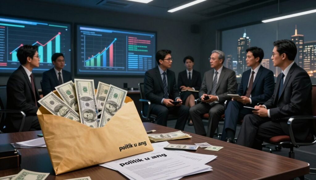 A dimly lit room filled with symbols of politics and economics. In the foreground, a large, overflowing envelope spills out cash and documents, symbolizing "politik uang." Beside it, a group of well-dressed individuals in professional attire engage in heated discussions, exchanging glances filled with ambition. In the middle ground, charts and graphs displayed on a digital screen illustrate the intersection of social aid and scholarships, hinting at the subtle conversion of power. The background features an imposing cityscape, representing the political landscape. The atmosphere is tense yet dynamic, with dramatic lighting creating shadows that evoke the weight of political decisions. Use a wide-angle lens to capture a comprehensive view that emphasizes the intricacies and connections of money in politics.