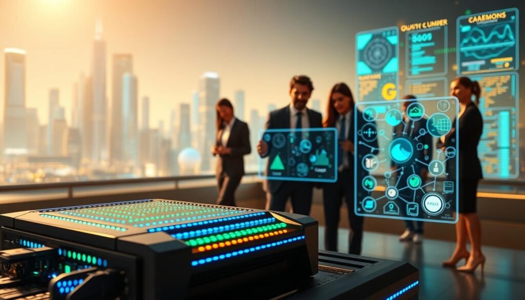 A futuristic scene depicting quantum computing applications in various fields. In the foreground, a sleek quantum computer is showcased, with vibrant, glowing qubits and circuit patterns illuminated in blue and green light. In the middle ground, diverse professionals in business attire are collaborating over holographic displays of data analytics, molecular models, and sophisticated algorithms, illustrating the real-world applications of quantum technology. The background features an abstract cityscape, symbolizing innovation and progress, with soft-focus skyscrapers and digital interfaces glowing with dynamic information. The atmosphere is one of excitement and advancement, with warm lighting and a slight lens flare effect to add a sense of optimism and forward-thinking.