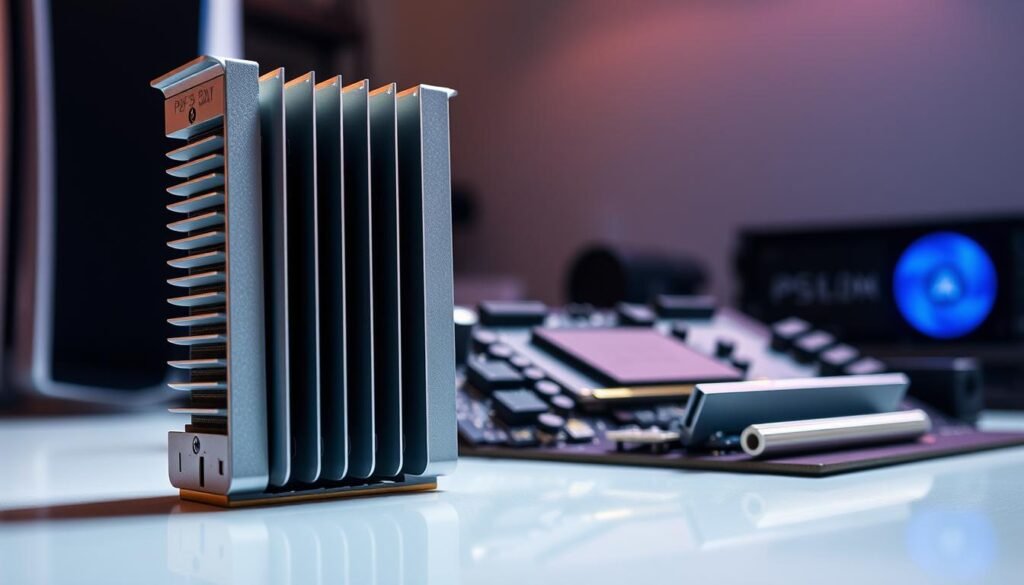A high-tech M.2 SSD heatsink designed for a PlayStation 5, prominently displayed in the foreground. The heatsink features a sleek, metallic finish with intricate cooling fins and thermal adhesive pads, showcasing its advanced engineering. In the middle ground, a close-up of a PS5 motherboard reveals the M.2 slot ready for installation, with clear indications of the PCIe Gen 4 x4 interface. The background is blurred but suggests a modern gaming setup, with soft ambient lighting that reflects a high-tech atmosphere. The image is captured at a dynamic angle to emphasize the heatsink's details, conveying a sense of innovation and performance. The overall mood is futuristic and professional, perfect for highlighting cutting-edge gaming technology.