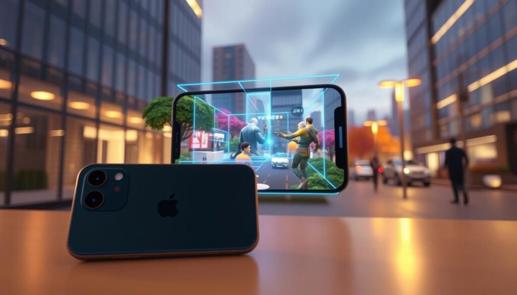 A sleek iPhone 15 Pro prominently displayed in the foreground, showcasing its LiDAR capabilities with a glowing, holographic interface that illustrates virtual game elements. The middle ground features a dynamic augmented reality game scene, complete with realistic 3D characters and immersive environmental details, like vibrant foliage and interactive objects. In the background, a modern urban landscape is visible, bathed in warm, soft lighting that creates an inviting atmosphere. The angle is slightly tilted to emphasize the iPhone as a gateway to this digital experience. The scene conveys excitement and innovation, making it clear how LiDAR technology enhances AR content creation for video games. The overall mood is futuristic and engaging, inviting viewers to explore new digital worlds.