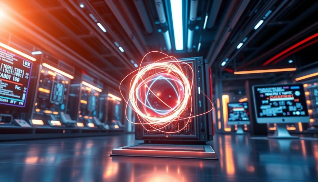 A visually captivating illustration of the concept of qubit superposition in quantum computing. In the foreground, a visually striking representation of a qubit, depicted as a glowing orb surrounded by intertwining lines of light, symbolizing its dual states. The middle ground features a sophisticated quantum computer with intricate circuits and illuminated components, showcasing its advanced technology. The background displays a futuristic laboratory environment with sleek, modern design elements, filled with softly glowing screens displaying quantum algorithms. The lighting is dynamic, with bright highlights and subtle shadows creating depth, enhancing the overall high-tech atmosphere. The mood is inspirational and thought-provoking, reflecting the groundbreaking potential of quantum computing. The scene should be visually balanced and harmonious, inviting viewers to explore the complexities of quantum mechanics.