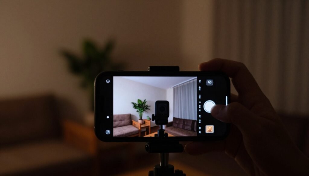 A dimly lit indoor environment showcasing a smartphone in the foreground, capturing video footage in low light conditions. The smartphone’s screen glows softly, displaying the stabilization feature in action, with a clear view of smooth video playback. In the middle, the scene features a professional setting with blurred background elements like furniture and plants, creating a cozy atmosphere. The lighting is moody and warm, emphasizing the low light scenario, with soft shadows cast against the walls. The angle is slightly above the smartphone, focusing on its features and the smoothness of the video, conveying a sense of advanced technology in action. Overall, the image should evoke an atmosphere of innovation and reliability in video stabilization during low-light conditions.