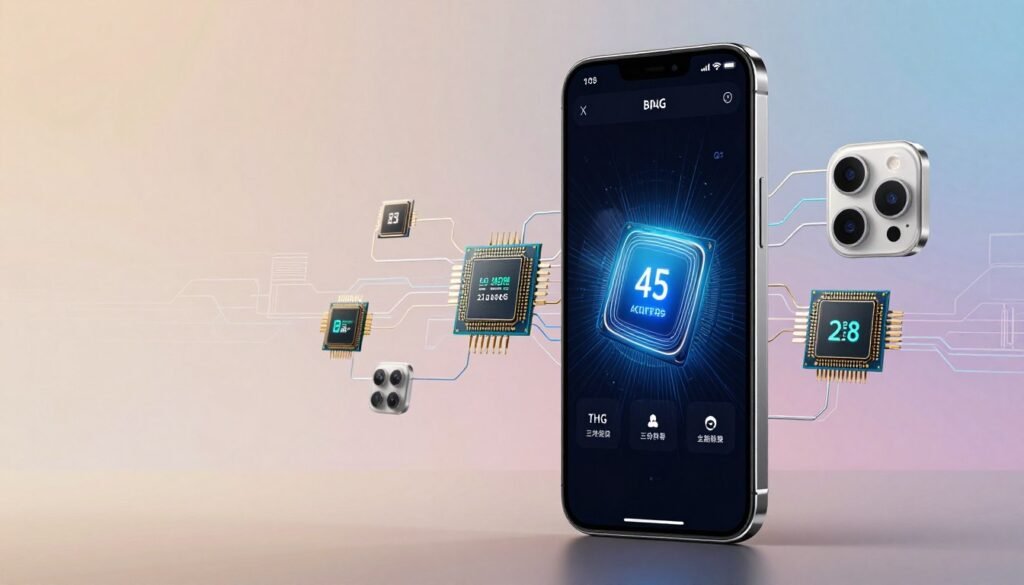 A sleek and modern smartphone displayed prominently in the foreground, showcasing its technical specifications and chipset details on a digital screen. The smartphone should be positioned at a slight angle, allowing a clear view of its elegant design. In the middle ground, abstract representations of smartphone chipsets, processors, and camera configurations, depicted in a tech-inspired graphic style, create a dynamic visual flow. The background features a soft gradient of colors that evoke a high-tech atmosphere, hinting at sophistication and innovation. The lighting is bright, enhancing the smartphone's glossy surface and highlighting its key features. The overall mood is professional and contemporary, suitable for a technology-focused article.