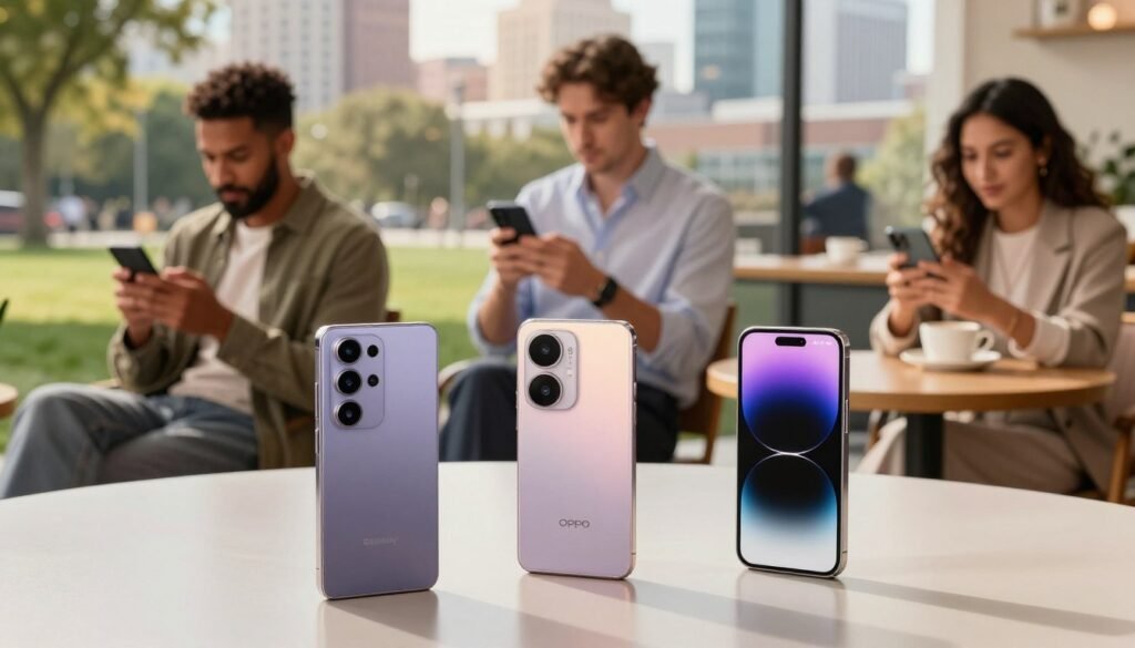 A visually engaging concept illustrating smartphone recommendations based on lifestyle. In the foreground, showcase three sleek smartphones: the Samsung S24, OPPO Find X7, and iPhone 15, each on a stylish surface, reflecting their unique designs. The middle ground should depict diverse professionals using these smartphones in various settings—an outdoor park, a modern office, and a cozy café—interacting with the devices. The background features a blurred cityscape under warm, soft lighting, suggesting a vibrant and dynamic environment. The overall atmosphere should be lively yet professional, emphasizing the idea of choosing a smartphone that matches one’s activities, whether it’s photography, business, or social connection. Capture this scene from a slightly elevated angle to provide depth and context without any text or watermarks.